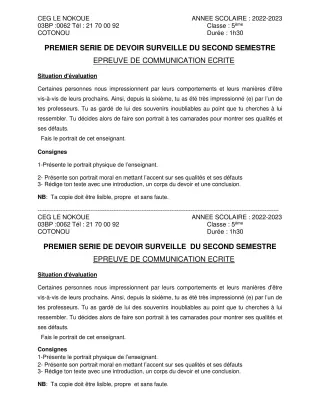 Première page de Français 5e — 1er devoir surveillé, 2e semestre (2022-2023) · CEG LE NOKOUE
