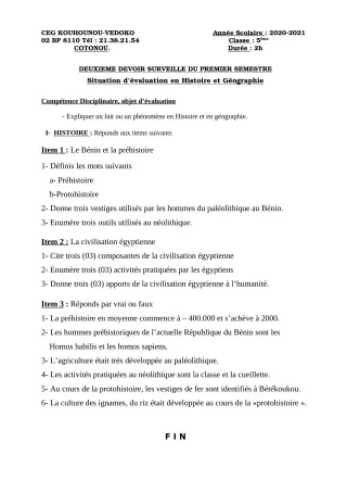 Première page de Histoire-Géographie 5e — 2e devoir surveillé, 1er semestre (2020-2021) · CEG Kouhounou-Vêdoko