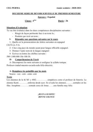 Première page de Espagnol 4e, 3e ML, 2nde A, 1ère A, Tle A — 2e devoir surveillé (2020-2021) · CEG Perma