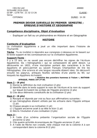Première page de Histoire-Géographie 5e — 1er devoir surveillé, 1er semestre (2019-2020) · CEG du Lac