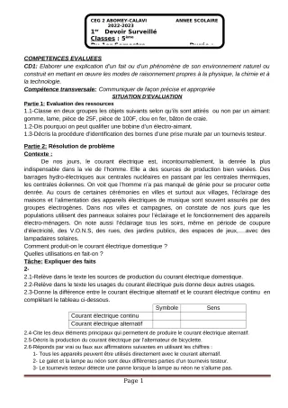 Première page de PCT 5e — 1er devoir surveillé, 1er semestre (2022-2023) · CEG2 ABOMEY - CALAVI (CEG ZOCA)