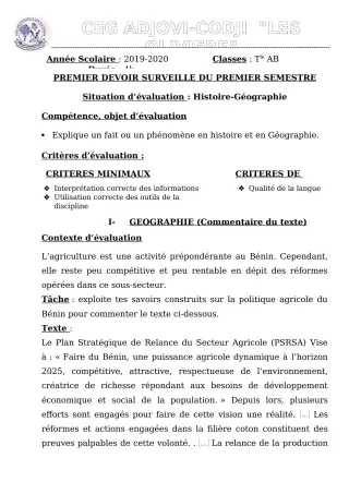 Première page de Histoire-Géographie Tle B — 1er devoir surveillé, 1er semestre (2019-2020) · CEG ADJOVICODJI 'LES OLIVIERS'