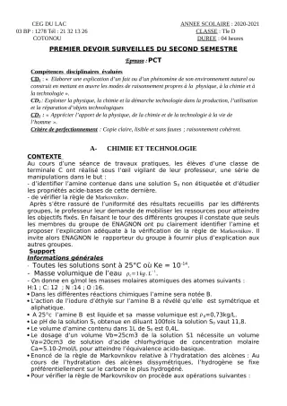 Première page de PCT Tle D — 1er devoir surveillé, 2e semestre (2020-2021) · CEG du Lac