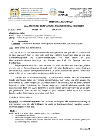 Première page de Allemand 1ère A, 1ère A1, 1ère A2 — 2e production scolaire, 1er semestre (2022-2023) · CEG1 Ikpinlè