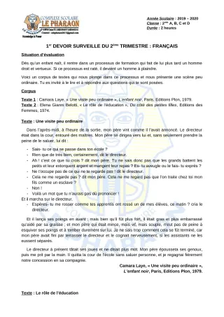 Première page de Français 2nde A, 2nde B, 2nde C, 2nde D — 1er devoir surveillé, 2e trimestre (2019-2020) · CPEG LE PHARAON