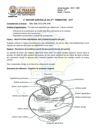 Première page de SVT 3e, 3e ML — 1er devoir surveillé, 2e trimestre (2019-2020) · CPEG LE PHARAON