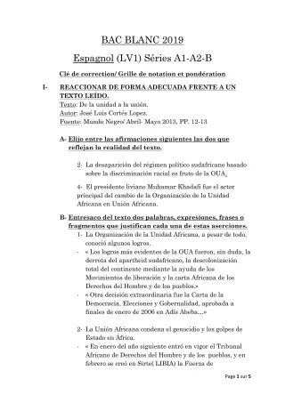Première page de Examen Blanc de ESPAGNOL — Tle A1, Tle A2, Tle B — CEG AGBLANGANDAN (2018)