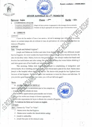 Première page de Anglais 4e — Devoir surveillé, 1er trimestre (2020-2021) · CPEG ROSAIRE