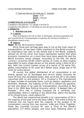 Première page de Anglais 6e, 5e, 4e — 1er devoir surveillé, 2e semestre (2018-2019) · Lycée Houegbadja d'Abomey (Ex Mafory Bangoura)