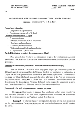 Première page de SVT 6e, 5e, 4e, 4e ML, 3e, 3e ML, 2nde A & B, 2nde A2 — 1re évaluation sommative, 1er semestre (2018-2019) · CEG Ahossougbéta