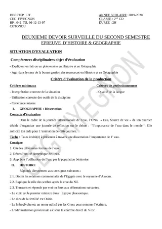 Première page de Histoire-Géographie 2nde C, 2nde D — 2e devoir surveillé, 2e semestre (2019-2020) · CEG FIYEGNON
