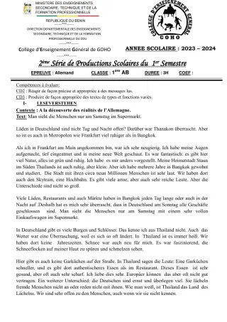 Première page de Allemand 1ère A & B — 2e production scolaire, 1er semestre (2023-2024) · CEG GOHO