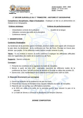 Première page de Histoire-Géographie 1ère A, 1ère A1, 1ère A2, 1ère B, 1ère C, 1ère D — 1er devoir surveillé, 1er trimestre (2019-2020) · CPEG LE PHARAON