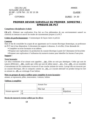 Première page de PCT 5e — 1er devoir surveillé, 1er semestre (2019-2020) · CEG du Lac