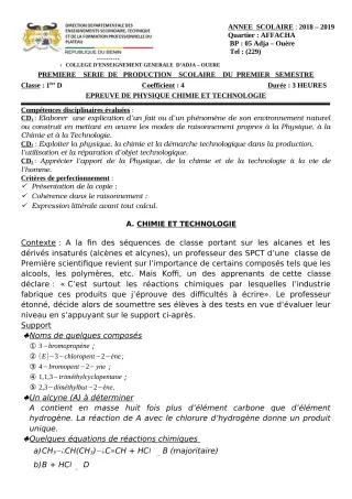 Première page de PCT 1ère D — Production scolaire, 1er semestre (2018-2019) · CEG Adja - Ouèrè
