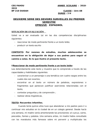 Première page de Espagnol 1ère A1, 1ère A2, 1ère B — 2e devoir surveillé, 1er semestre (2018-2019) · CEG PAHOU