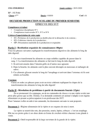 Première page de SVT 6e — 2e production scolaire, 1er semestre (2019-2020) · CEG ONIGBOLO