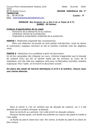 Première page de SVT 5e — Devoir surveillé, 1er trimestre (2019-2020) · CPEG LICA