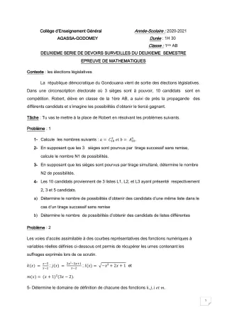 Première page de Mathématiques 1ère A, 1ère B — 2e devoir surveillé, 2e semestre (2020-2021) · CEG Agassa Godomey