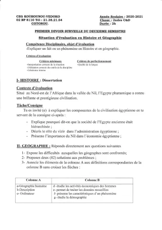 Première page de Histoire-Géographie 2nde C, 2nde D — 1er devoir surveillé, 2e semestre (2020-2021) · CEG Kouhounou-Vêdoko
