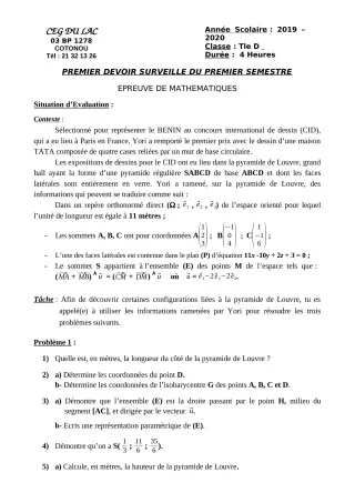 Première page de Mathématiques Tle D — 1er devoir surveillé, 1er semestre (2019-2020) · CEG du Lac