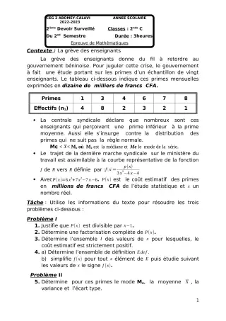 Première page de Mathématiques 2nde C — Devoir surveillé, 2e semestre (2022-2023) · CEG2 ABOMEY - CALAVI (CEG ZOCA)