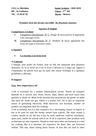 Première page de Anglais 2nde A & B — 1er devoir surveillé, 2e semestre (2018-2019) · CEG Le Méridien