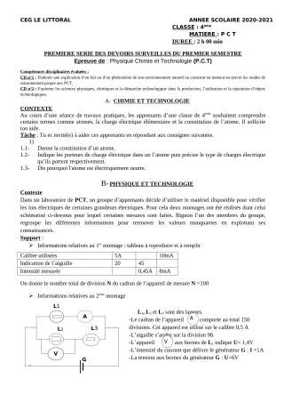 Première page de PCT 4e — 1er devoir surveillé, 1er semestre (2020-2021) · CEG Le Littoral