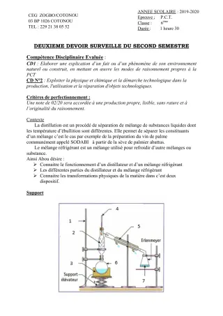 Première page de PCT 6e — 2e devoir surveillé, 2e semestre (2019-2020) · CEG ZOGBO