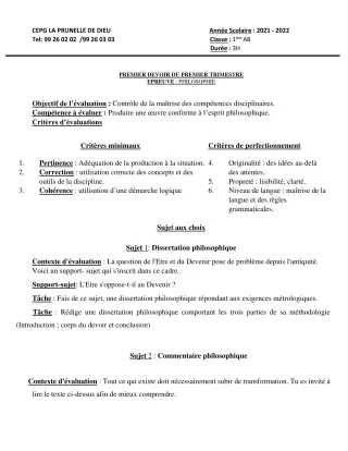 Première page de Philosophie 1ère B — 1er devoir surveillé, 1er trimestre (2021-2022) · CEPG La Prunelle de Dieu