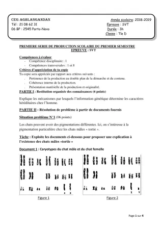 Première page de SVT Tle D — 1re production scolaire, 1er semestre (2018-2019) · CEG AGBLANGANDAN