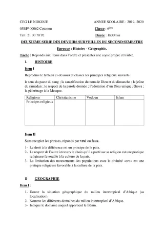 Première page de Histoire-Géographie 6e — 2e devoir surveillé, 2e semestre (2019-2020) · CEG LE NOKOUE