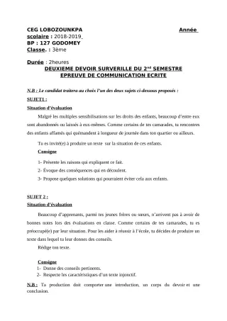 Première page de Français 3e, 3e ML — 2e devoir surveillé, 2e semestre (2018-2019) · CEG Lobozounkpa