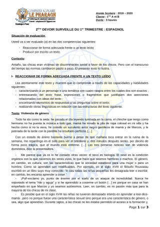 Première page de Espagnol 1ère A, 1ère B — 2e devoir surveillé, 1er trimestre (2019-2020) · CPEG LE PHARAON