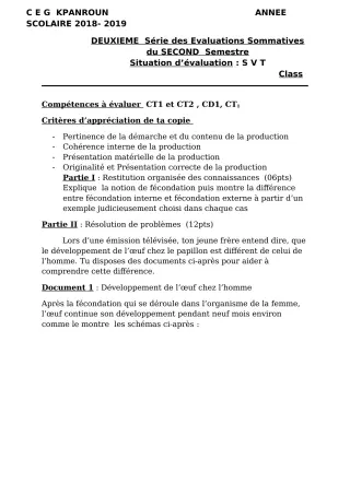 Première page de SVT 5e — 2e évaluation sommative, 2e semestre (2018-2019) · CEG Kpanroun