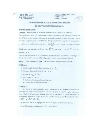 Première page de Mathématiques Tle C — 2e devoir surveillé, 2e semestre (2018-2019) · CEG du Lac