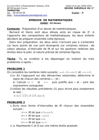 Première page de Mathématiques 3e, 3e ML — 1er devoir surveillé, 1er trimestre (2020-2021) · CPEG LICA