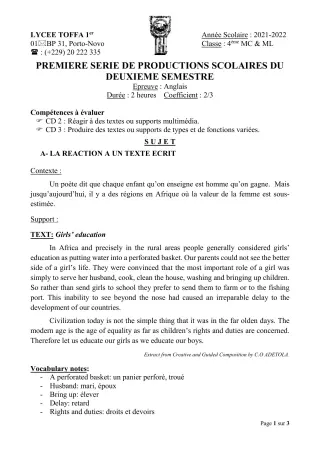 Première page de Anglais 4e ML, 4e ML&MC — 1re production scolaire, 2e semestre (2021-2022) · Lycée Toffa 1er