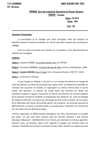 Première page de Français Tle A2, Tle D — 1re évaluation sommative, 1er semestre (2019-2020) · CEG Kpanroun