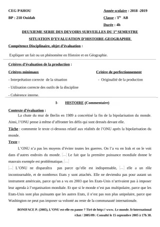 Première page de Histoire-Géographie Tle A1, Tle A2, Tle B — 2e devoir surveillé, 1er semestre (2018-2019) · CEG PAHOU