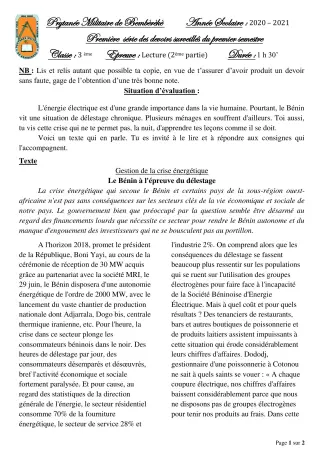 Première page de Français 3e — 1er devoir surveillé, 1er semestre (2020-2021) · PMB