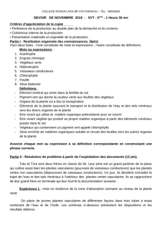 Première page de SVT 5e — Devoir surveillé (2019-2020) · CPEG Roger LAFIA