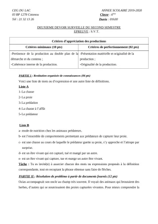 Première page de SVT 6e — 2e devoir surveillé, 2e semestre (2019-2020) · CEG du Lac