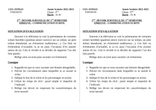 Première page de Français 6e, 5e, 4e, 3e, 2nde A, 2nde B, 2nde C, 2nde D, 1ère A1, 1ère A2, 1ère B, 1ère C, 1ère D, Tle A1, Tle A2, Tle B, Tle C, Tle D — 2e devoir surveillé, 1er semestre (2022-2023) · CEG ZONGO