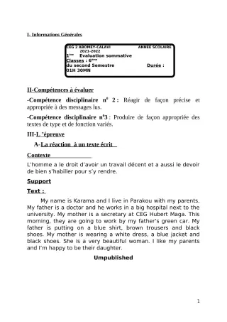 Première page de Anglais 6e — 1re évaluation sommative, 2e semestre (2021-2022) · CEG2 ABOMEY - CALAVI (CEG ZOCA)