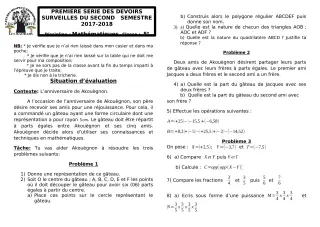 Première page de Mathématiques 5e — 1er devoir surveillé, 2e semestre (2017-2018) · CEG1 Covè
