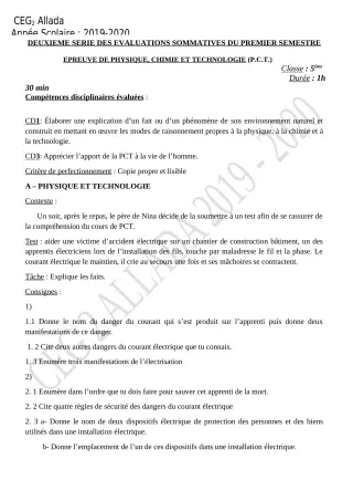 Première page de PCT 6e, 5e, 4e, 3e, 2nde D, 1ère D — 2e évaluation sommative, 1er semestre (2019-2020) · CEG 2 Allada