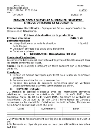 Première page de Histoire-Géographie Tle C, Tle D — 1er devoir surveillé, 1er semestre (2019-2020) · CEG du Lac