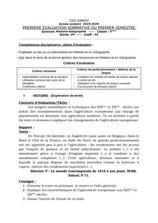 Première page de Histoire-Géographie 3e — 1re évaluation sommative, 1er semestre (2019-2020) · CEG GAROU