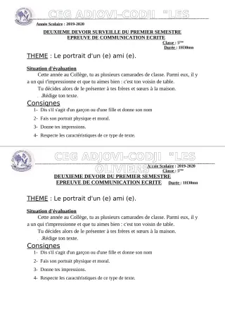 Première page de Français 5e — 2e devoir surveillé, 1er semestre (2019-2020) · CEG ADJOVICODJI 'LES OLIVIERS'